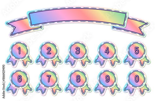 イラスト素材・リボンのフレームと数字とホログラムとグラデーションカラーのメダルセット
