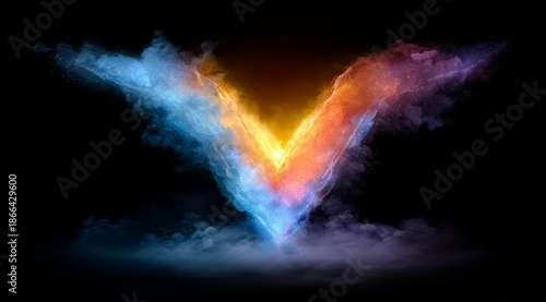 Colorful, fiery V is projected on a black background. The V is made up of three different colors