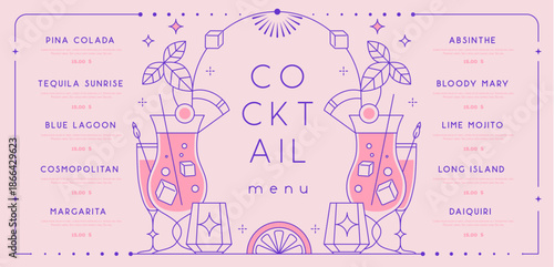 Retro line art restaurant cocktail menu design. Vector illustration