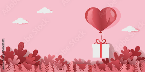 A red heart balloon floats above a gift and paper foliage