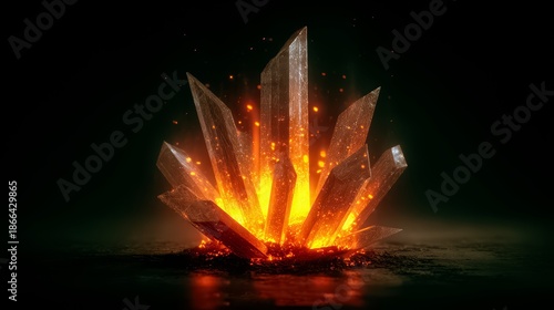 Large crystal formation is lit up by fire. The fire is orange and the crystal is white