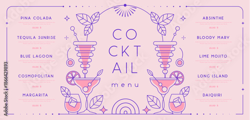 Retro line art restaurant cocktail menu design. Vector illustration