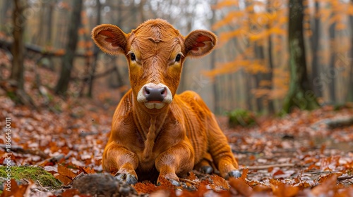 Peaceful Cow in Forest Nature Scene with Green Background