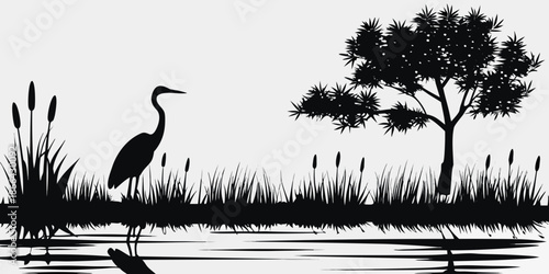 A serene black and white silhouette of a heron in a wetland landscape