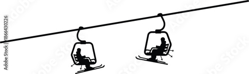Minimal ski chairlift silhouette with skiers, winter mountain resort transport concept, black vector illustration for alpine skiing travel
