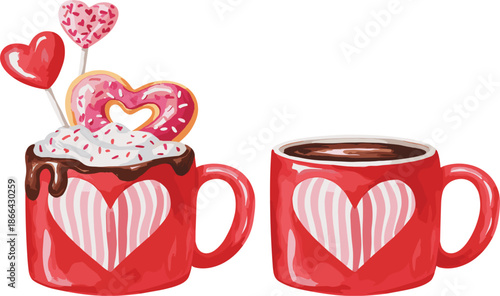 Romantic Valentine's Day coffee mugs vector illustration set with heart patterns, whipped cream, and heart-shaped pastries