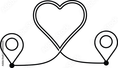 Minimal heart shaped travel route between location pins symbolizing love journey connection dating relationship line illustration concept design