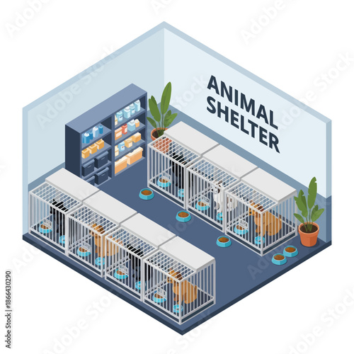 Isometric Animal Shelter with Cages and Supplies.