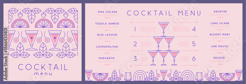 Retro line art restaurant cocktail menu design. Vector illustration