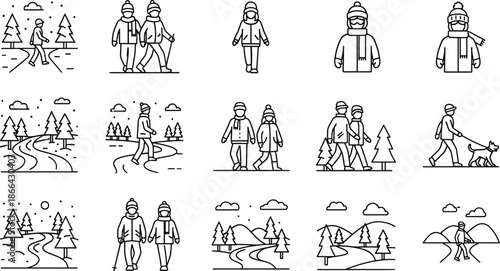 Minimal winter outdoor line icons set showing people walking, hiking, couples, dog walking and snowy landscape scenes in outline style