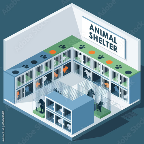 Isometric Animal Shelter with Dogs and Cats.