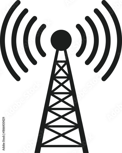 Minimalist radio signal tower silhouette icon representing wireless communication technology, broadcasting network, and modern telecommunications concept isolated on white