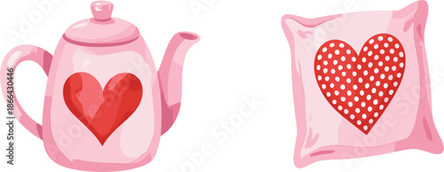 Romantic Valentine's Day cozy home vector illustration set with pink teapot and heart pattern decorative throw pillow
