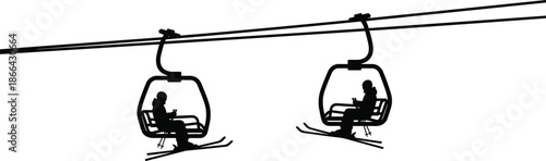 Minimalist silhouette of two skiers riding chairlift on mountain cable line, winter sports travel concept isolated on white