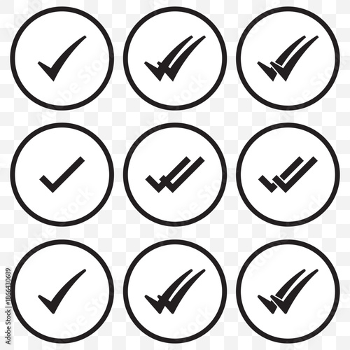 Double check icon tick symbol confirmation, approval, success icons. Check mark icon. Single and double ticks. Confirmation and read message status symbol. Used in chat, tasks, and notifications sign.