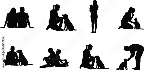 People and pets silhouettes showing love bonding care and companionship between humans dogs and cats, family lifestyle illustration set