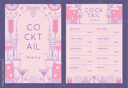 Retro line art restaurant cocktail menu design. Vector illustration