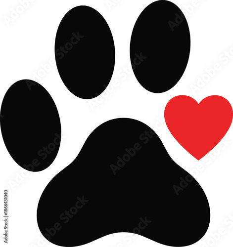 Pet paw print with red heart symbol representing love compassion animal care adoption and pet friendly lifestyle illustration design