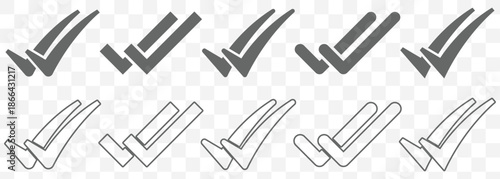 Set of check mark and double check mark icons for sent, delivered, and read message status. Vector graphic collection of blue and gray confirmation symbols for UI design with a transparent background.
