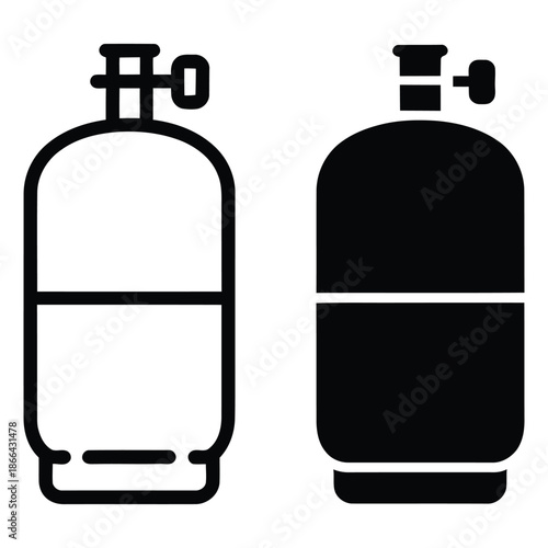 Gas cylinder icon set showing outline and solid styles representing fuel supply propane oxygen safety and industrial energy concept in flat vector design isolated on white background