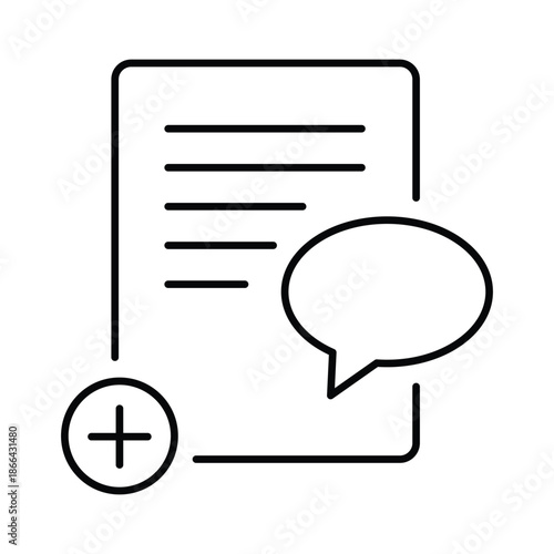 A simple black and white line icon shows a document with a speech bubble and plus symbol isolated on a white background