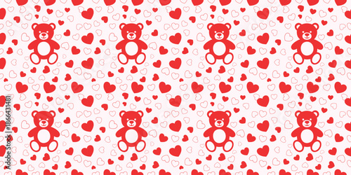 Red teddy bear and heart Seamless repeating background pattern vector illustration