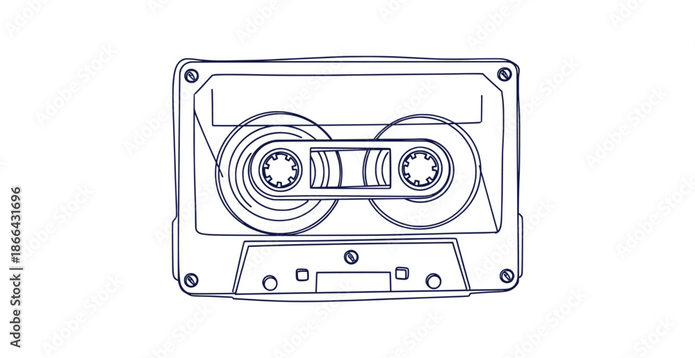 Obraz premium Detailed Retro Audio Cassette Tape Line Art Vector Sketch Vintage Music Technology Icon