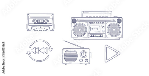 Retro Audio Technology Icons Set Boombox Cassette Radio Music Player Devices