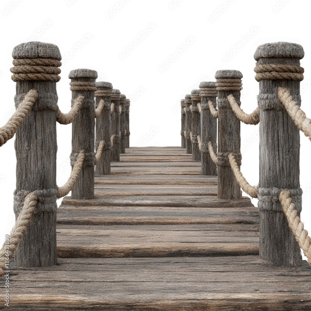 Obraz premium Wooden pier with rope railings isolated on transparent background