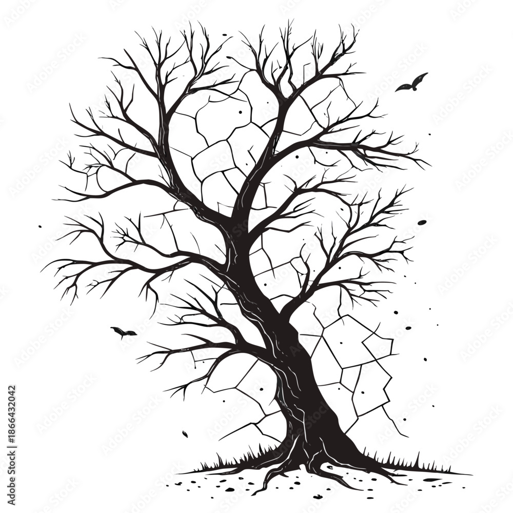 Fototapeta premium Abstract Black and White Bare Tree Vector Illustration with Cracked Ground