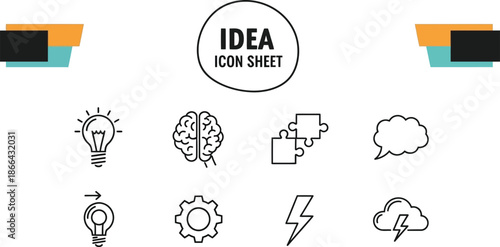 Black outline icon sheet representing innovation and creative thinking concepts