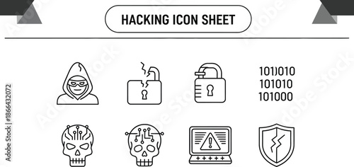 Black outline icon sheet of computer hacking and cybersecurity symbols