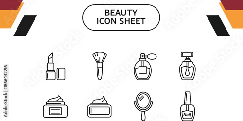 Black outline icon sheet of beauty and cosmetic product symbols