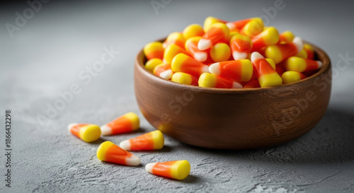 Bowl of Candy Corn Kernels On Counter Sweet Confection Fall Harvest Gathering Treat Colorful Sugar Delicious Snack Halloween Celebration