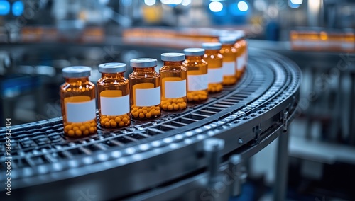 Amber pill bottles with blank labels moving on an automated conveyor belt in a clean industrial facility