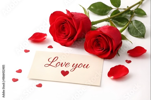 An Image of 2 red roses with Love you note. Valentine's day Theme