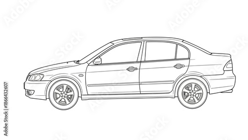Line drawing of a modern sedan car, side view, clear and clean outline for design