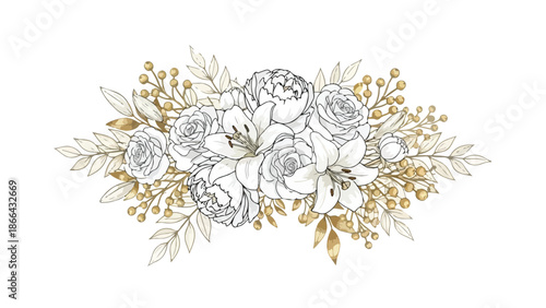 Elegant Botanical Gold and White Floral Arrangement Vector Illustration