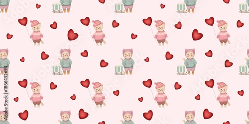Seamless Valentine pattern with cute kittens in cozy winter clothes, holding heart balloons and gifts. Soft pink background with red hearts, kawaii style, perfect for kids designs, nursery decor and 