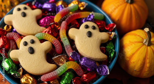 Bowl of Halloween Candy with Ghost Cookies, Worm Gummies, and Pumpkins Arranged for Festive Autumn Celebration: Treats and Confectionery