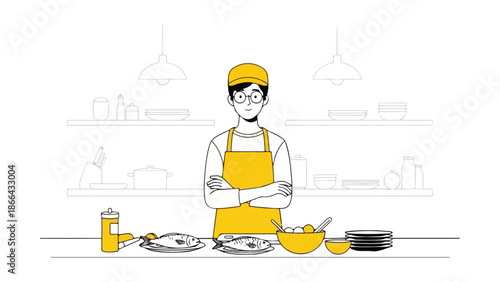 Chef preparing meal in modern kitchen Vector, illustration