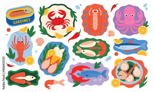 Seafood meals set in cartoon style, hand-drawn Mediterranean seafood including squid, shrimp, calamari, fish, mussels, and lemon, isolated on white, ideal for summer-themed food graphics, restaurant 