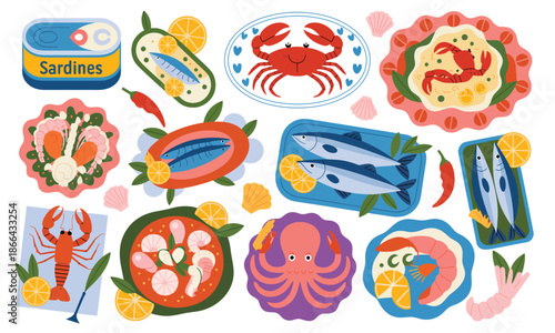 Seafood meals set in cartoon style, featuring squid, shrimp, calamari, fish, and mussels with lemon on plate, hand-drawn Mediterranean seafood illustration, summer vibe, perfect for restaurant menus, 