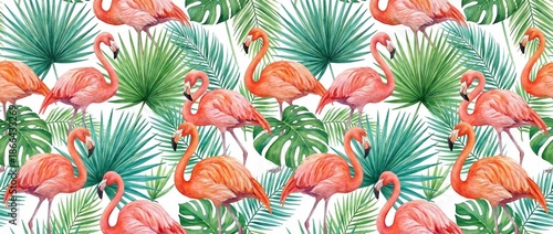Pink flamingos and tropical palm leaves seamless pattern background