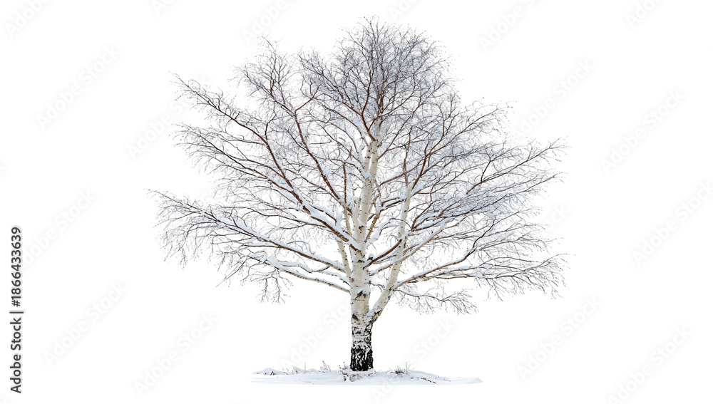 Fototapeta premium Isolated winter tree dusted with snow against a black backdrop, stark beauty