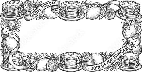 Pancakes border with lemon slices and sugar for Shrove Tuesday