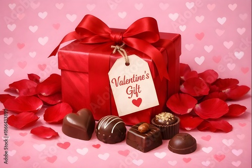 An Image of a valentine's day gift with Rose petals and Chocolates in the fore ground