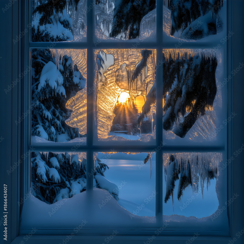 Fototapeta premium Sunrise view through a snowy window with icicles and trees in winter landscape at dawn