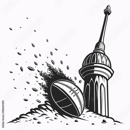 American Football Hitting CN Tower – Powerful Black and White Vector Illustration