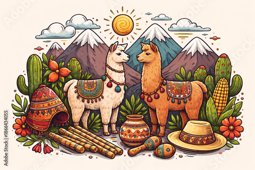 Flat vector illustration of Peruvian cultural elements with modern graphic style